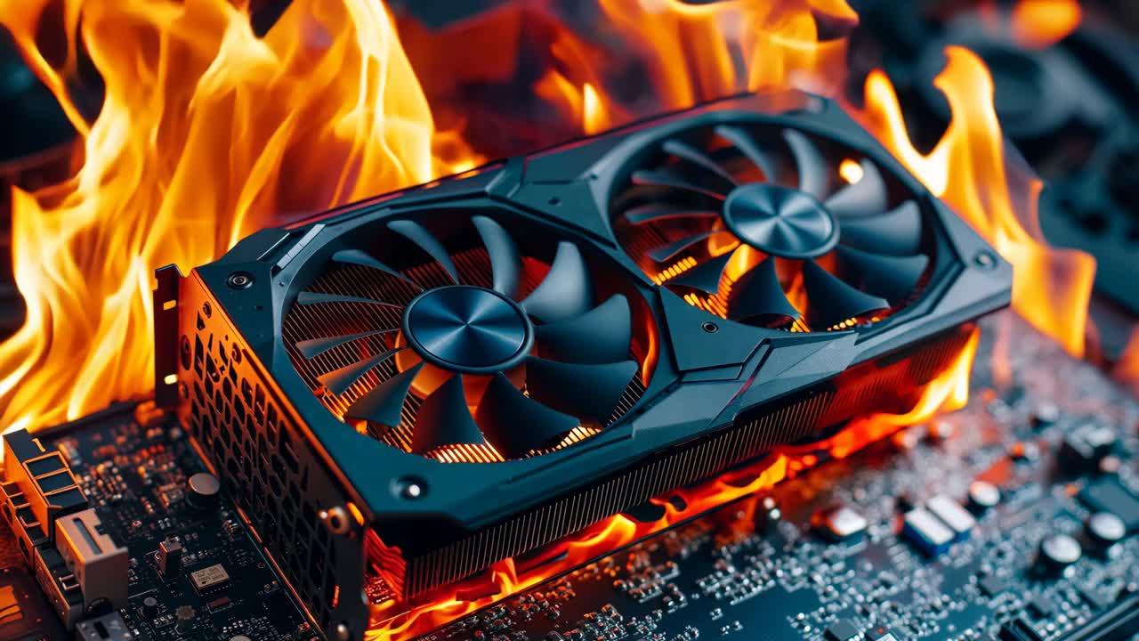 A computer motherboard with a burning graphics card on top of it
