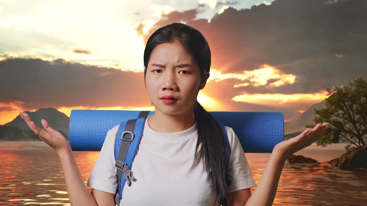Close Up Of Puzzled Asian Female Hiker With Mountaineering Backpack Making Gestures Doubtfully And Saying Why At A Lake