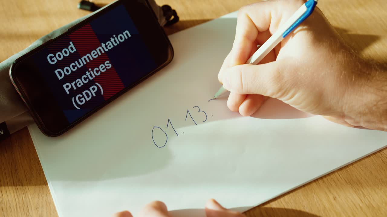 Close-up de uma mão escrevendo vários formatos de data em um papel enquanto “Good Documentation Practices (GDP)” é exibido em um smartphone. Ideal para treinamento de documentação regulamentada