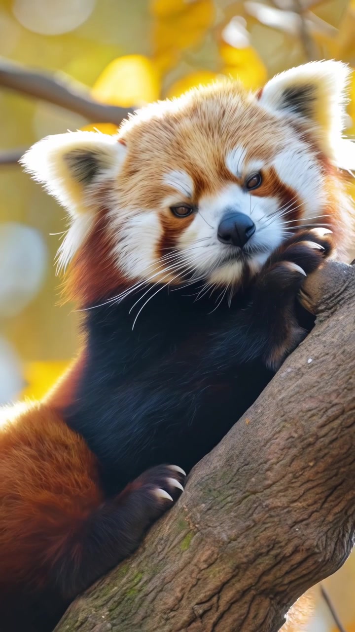 Roztomilá panda červená odpočívající na větvi stromu