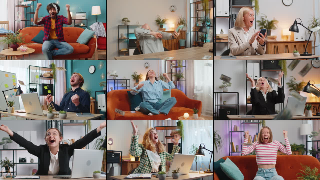 Money cash dollar rain falling on happy people men women celebrating lottery jackpot game winning