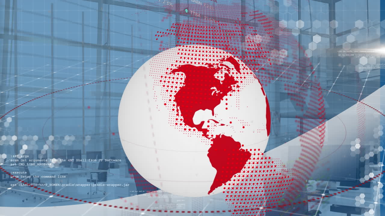 오픈 스페이스 사무실에서 데이터 프로세싱을 통해 회전하는 지구의 애니메이션