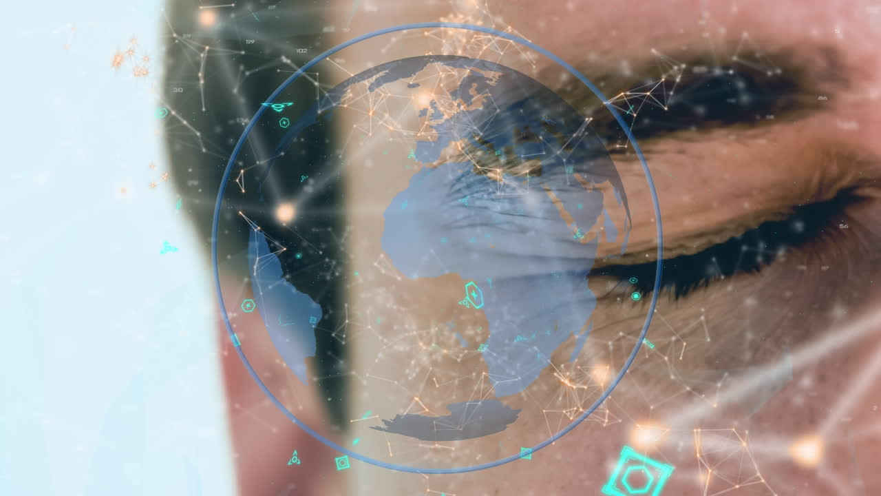 비대칭적인 선과 미래의 상징과 배경에 있는 남자와 함께 지구