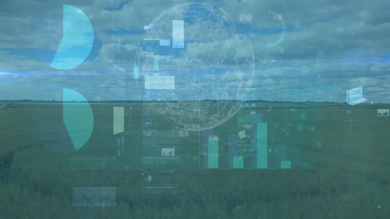 Animation overlaying data analytics graphics on vast green field under cloudy sky
