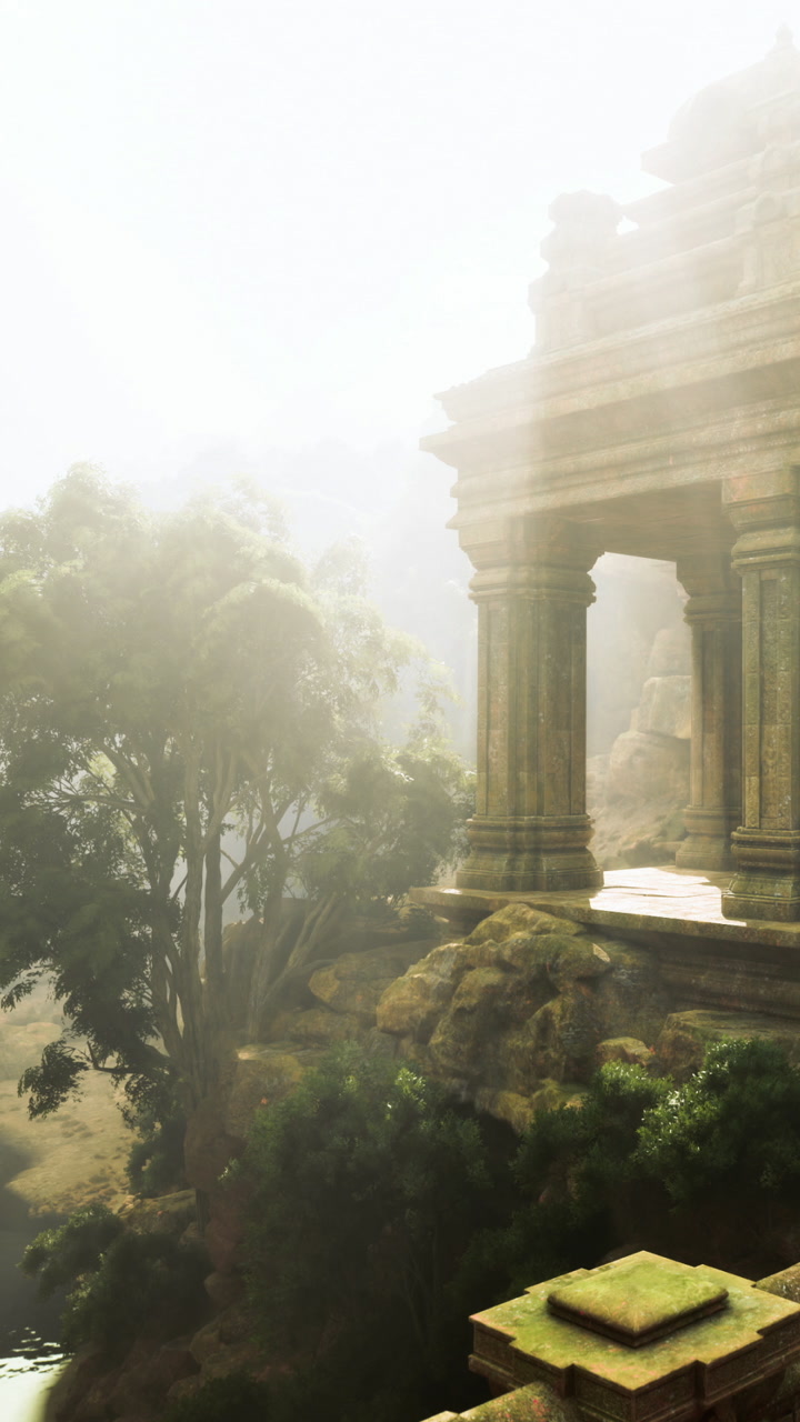 Misty sunlight filters through ancient ruins near a tranquil riverbank