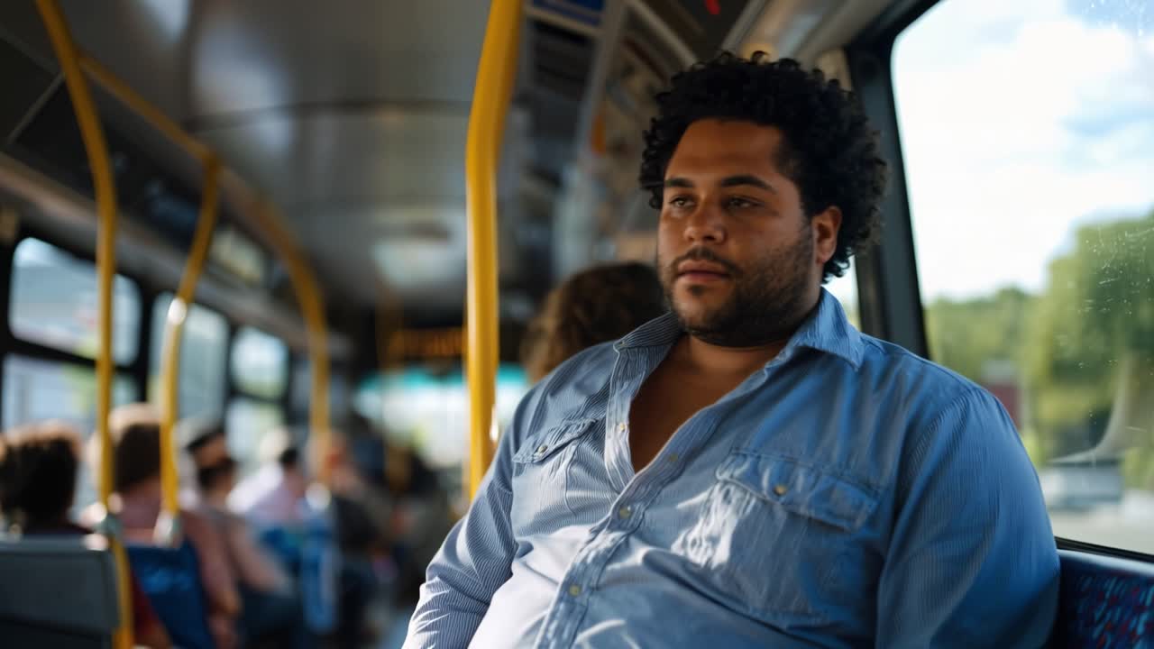En mand sidder i bussen, afslappet, med lukkede øjne. Han bærer en blå skjorte, med hænderne foldet. Andre passagerer er sløret i baggrunden. Solskin strømmer ind gennem busvinduerne. Et øjeblik fra bypendlingen fanget.