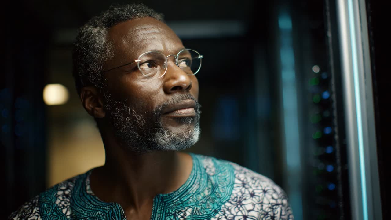 A contemplative moment captured in a high-tech environment, where a distinguished individual with gray hair and glasses gazes thoughtfully into the distance, exuding wisdom and introspection amid futuristic surroundings