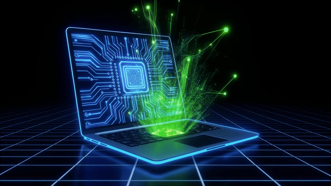 Futuristic Laptop Displaying Digital Circuitry and Data Visualization