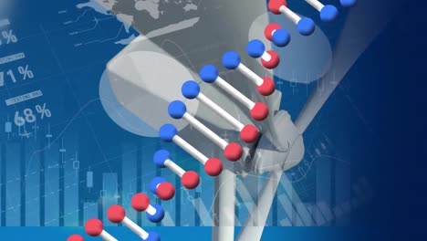 Animation-of-dna-strand,-statistics-and-data-processing-over-wind-turbine