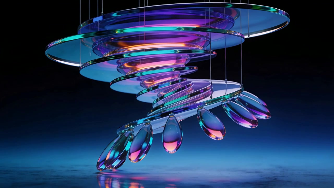 Escultura espiral suspensa e giratória iridescente em estúdio após leve torção no fio, com gotas oscilantes
