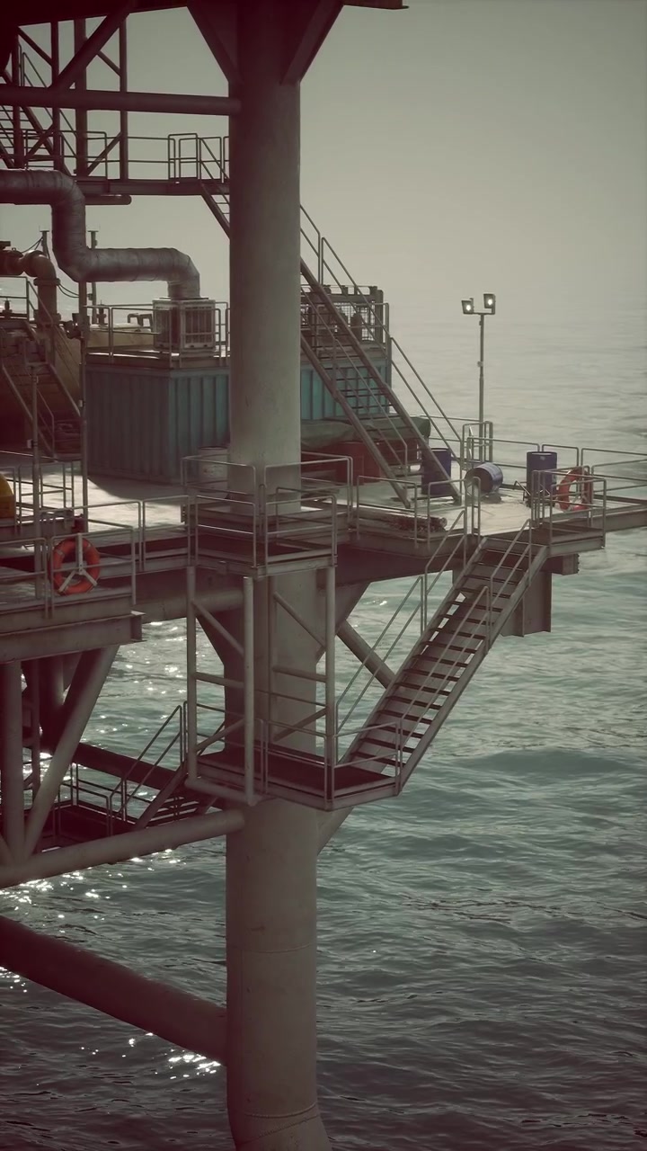 Majestætisk olieboreplatform rejser sig mod en glitrende havbaggrund i skumringen