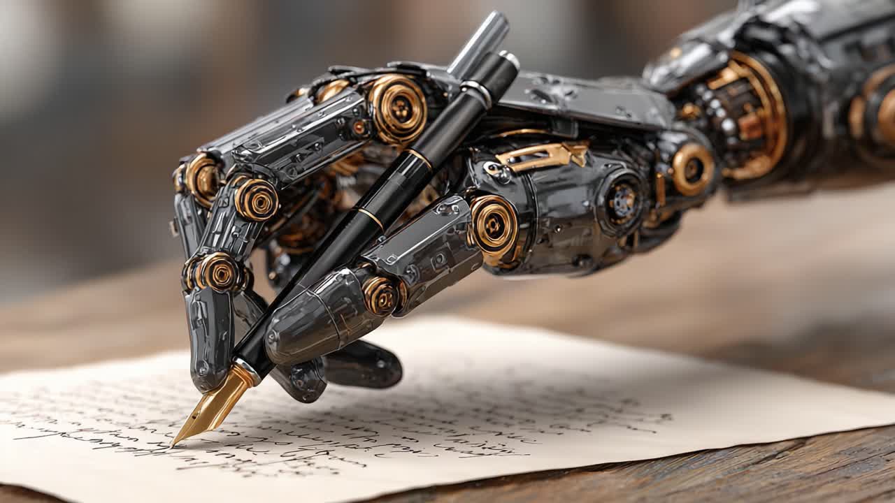 Una mano robotica avanzata che scrive abilmente con una penna su carta, mettendo in mostra l'intersezione tra tecnologia e creatività nell'arte moderna.