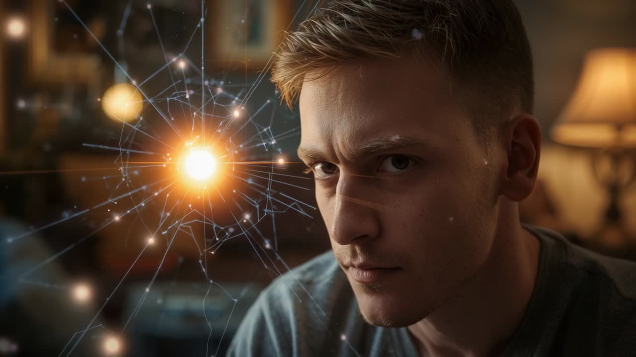 Adult man studying network projection after its appearing beside him at home desk, with lamp light