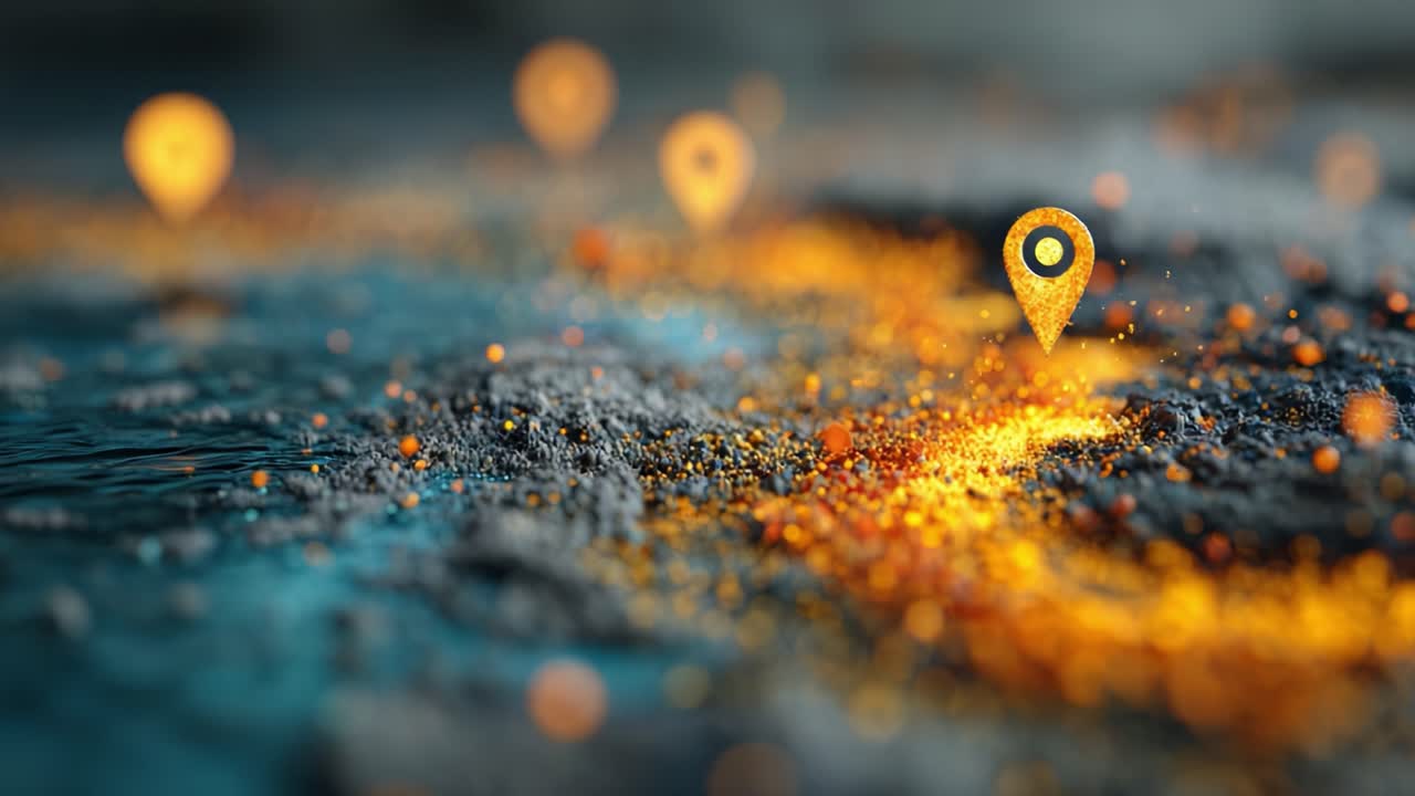 A Vibrant Representation of Digital Mapping with Glowing Location Markers on a Textured Surface, Highlighting the Intersection of Technology and Navigation