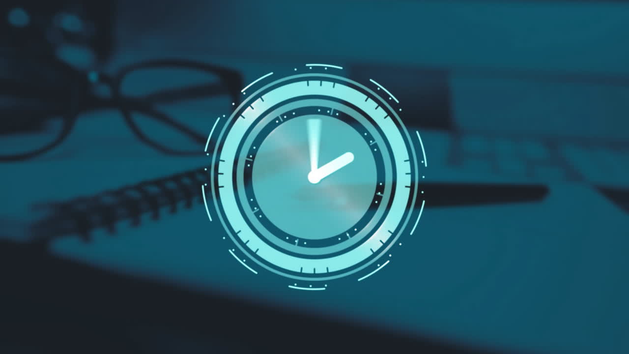 Animation of clock moving over notebook and glasses