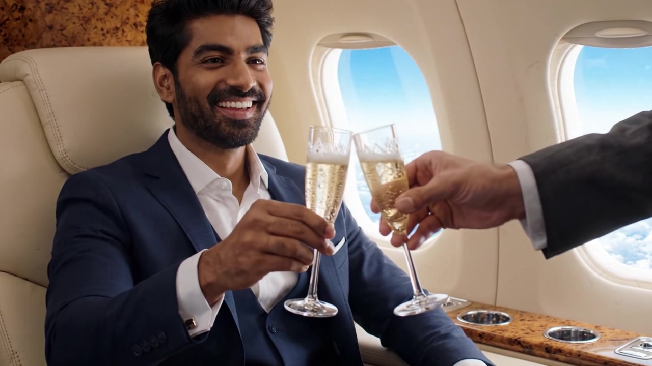 Un viaggio di lusso: godersi un brindisi su un jet privato con viste mozzafiato su soffici nuvole e cieli blu, incarnando eleganza e comfort