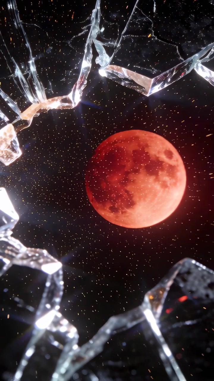 Video verticale: Un bagliore dal bordo sinistro sprigiona scintille dorate oltre un frammento di vetro verso una luna rossa che cala di notte.