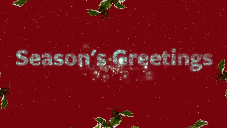 Animation-of-season-greeting-and-christmas-decorations-over-red-background