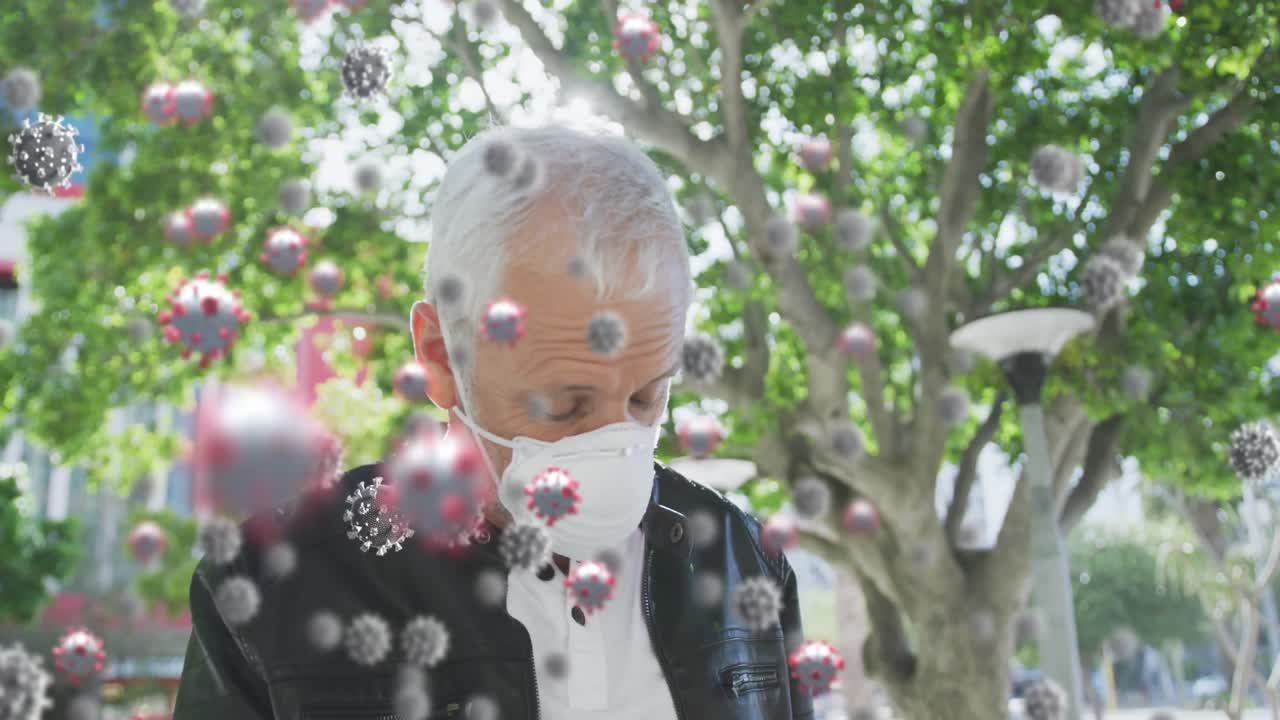 코로나19 세포의 애니메이션 시니어 남자가 마스크를 쓰고 있습니다.