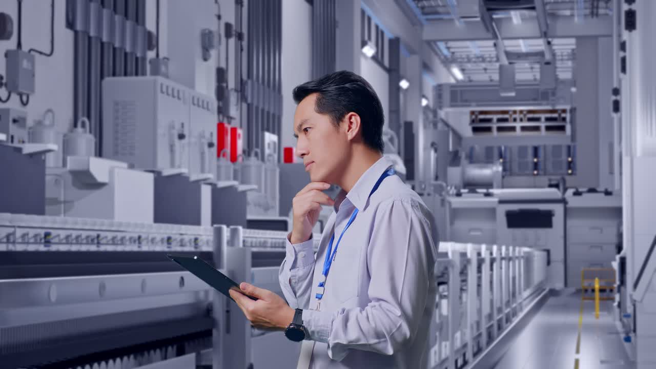 Side View Of An Asian Male Professional Worker At Pharmaceutical Factory, Vaccine Production Facility, Observes By Looking Up Before He Come To Concentrating On The Tablet And Keep On Checking