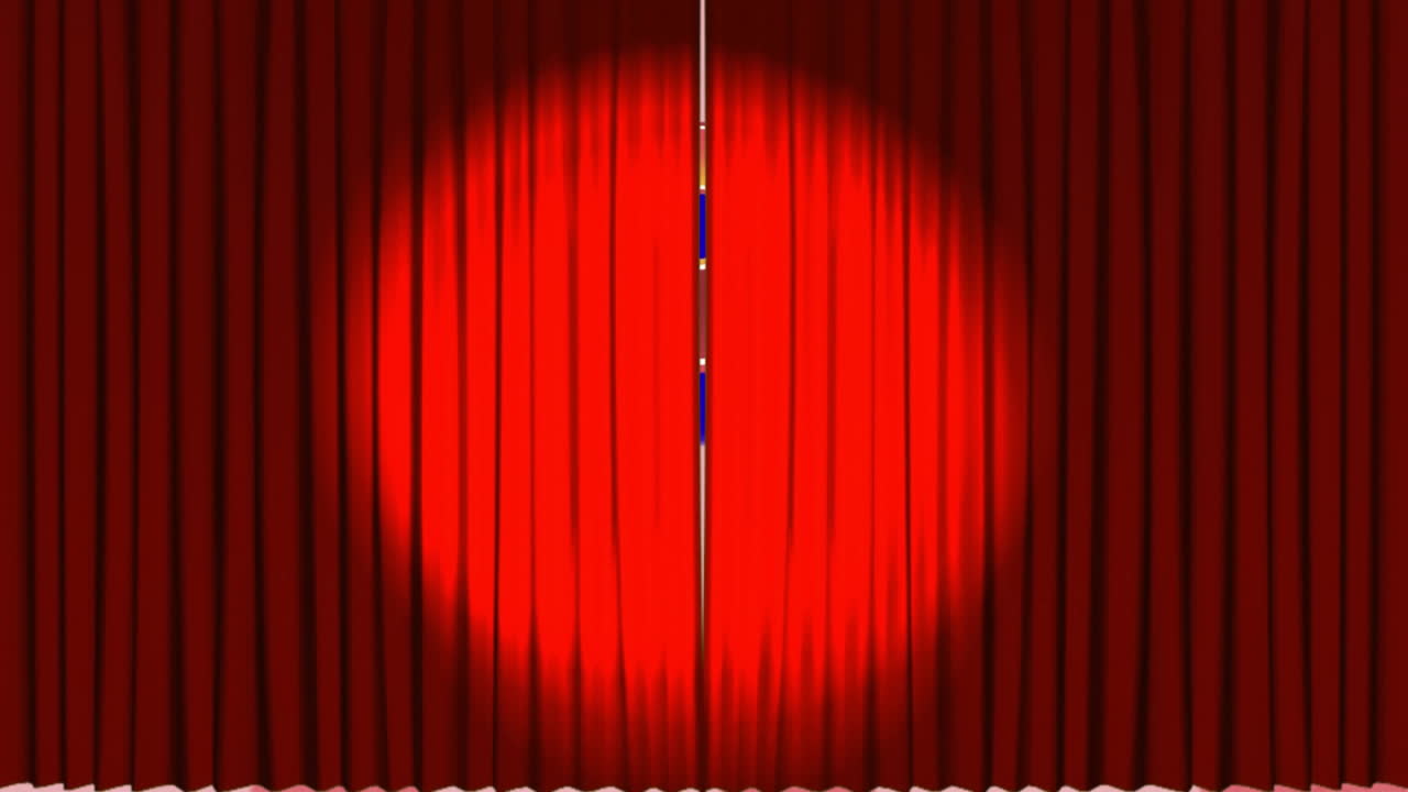 세 개의 프로젝터에 의해 표시된 빨간 커튼의 애니메이션