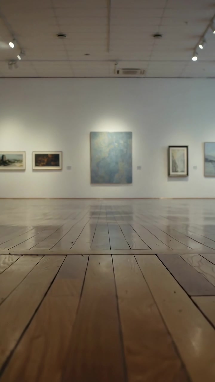 Vertikales Video: Sich bewegende Bodenkamera zeigt blaues Gemälde, angestrahlte Wand, glänzende Bodenreflexionen