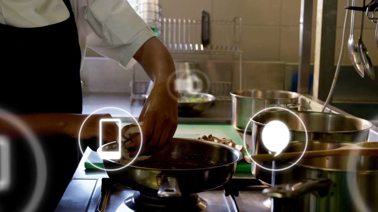 Female chef slicing mushrooms and moving them into pan, cooking as UI icons floating toward hands