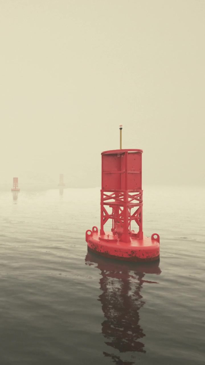 Floating red buoys in foggy water at a harbor during the morning hours
