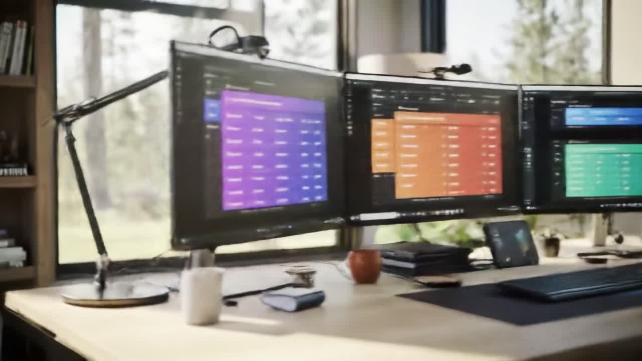 A Stylish and Modern Workspace Featuring Multiple Monitors, Ample Natural Light, and a Cozy Atmosphere for an Inspiring Productivity Journey