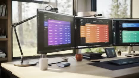a stylish and modern workspace featuring multiple monitors, ample natural light, and a cozy atmosphere for an inspiring productivity journey