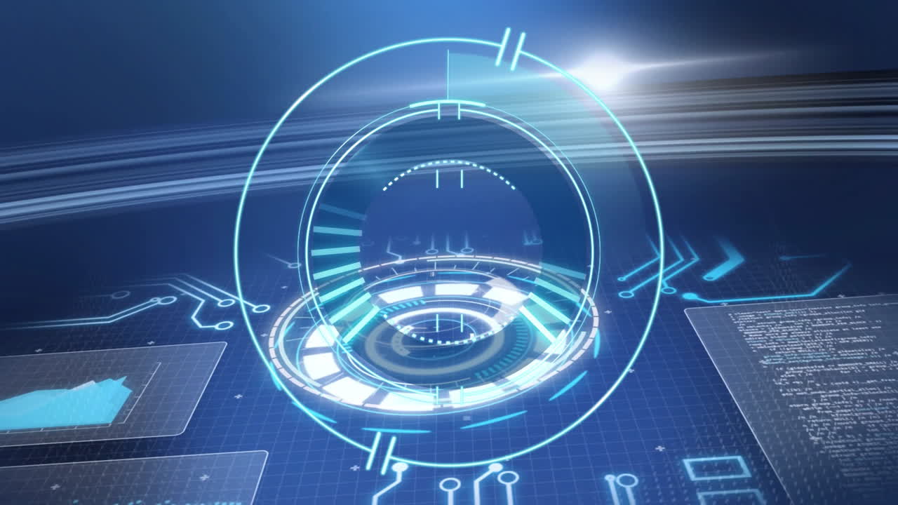 Animation of futuristic digital interface with graphs and data in blue tones