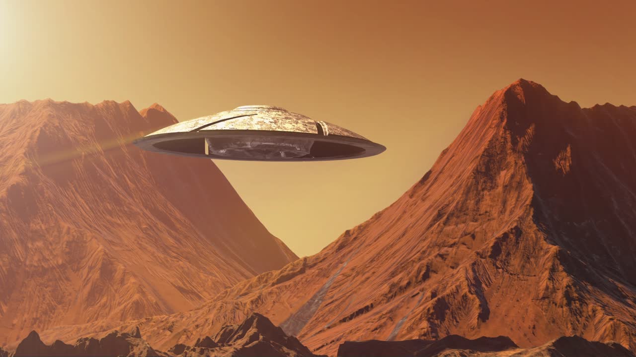 Massive Ufo alien saucer flying over planet mars