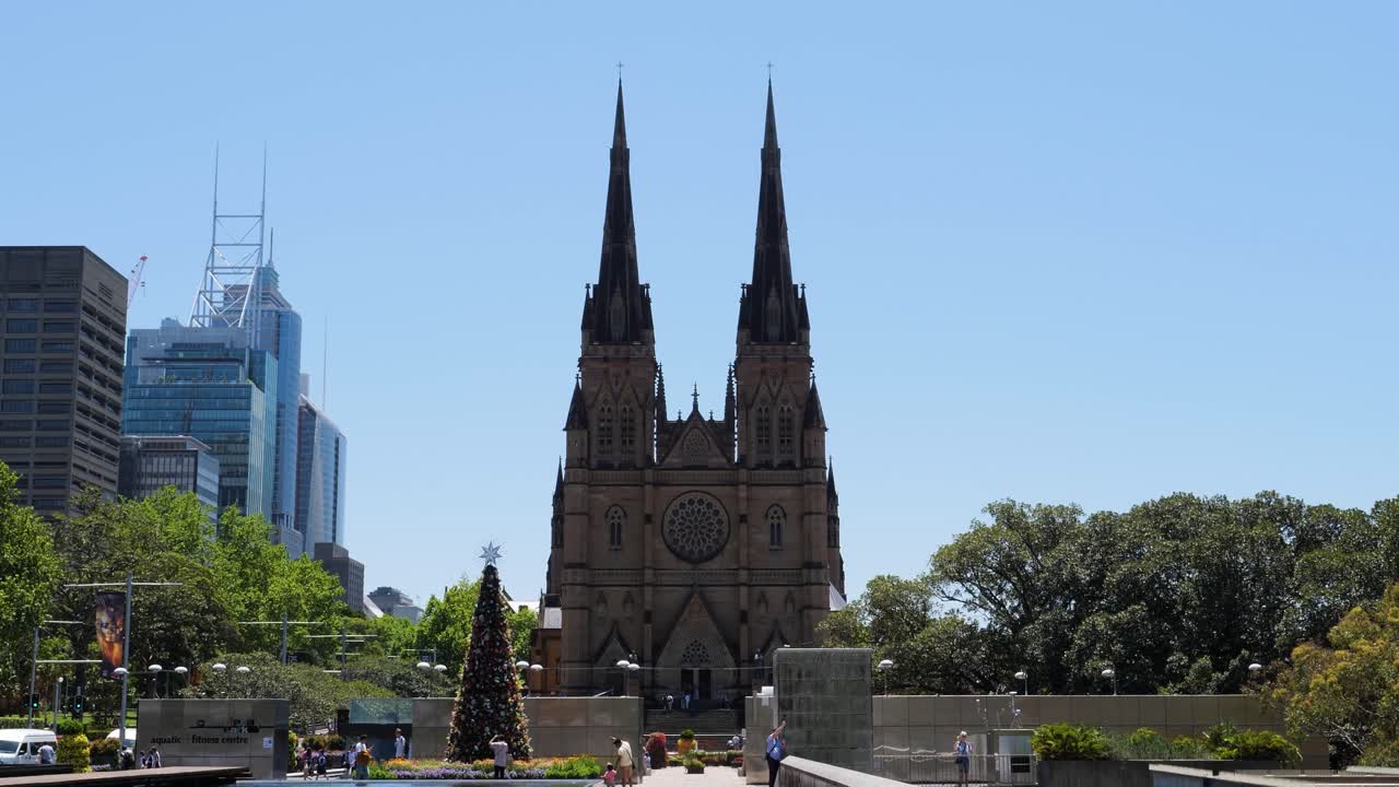 St Mary's Cathedral, Sydney, Australia.Christmas tree in front of the cathedral.