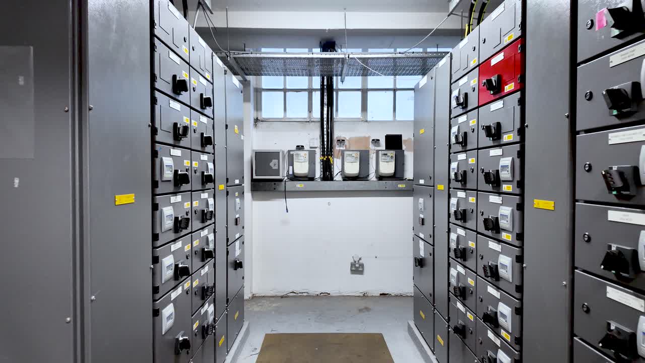 Electrical infrastructure concept showing electrical substation equipment in an office basement Rows of gray metal electrical panels and switchgear with meters and controls