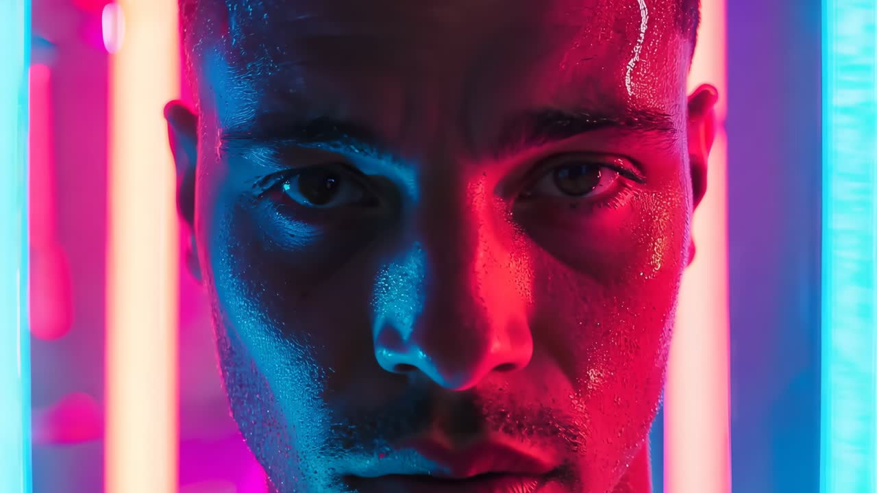 A man in a neon room with neon lights