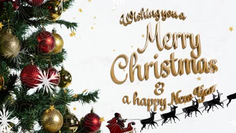 Animation-of-christmas-greetings-text-over-christmas-decorations,-santa-claus-and-snow