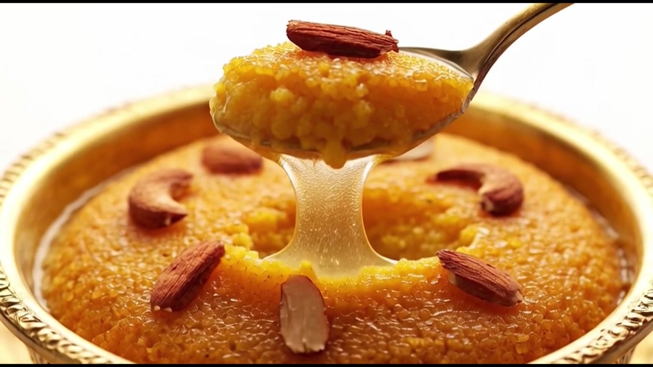 Spoon Lifting Sweet Semolina Halwa with Almonds from a Golden Bowl