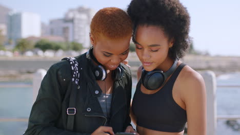 Selfie,-beach-and-black-woman-friends-using-phone