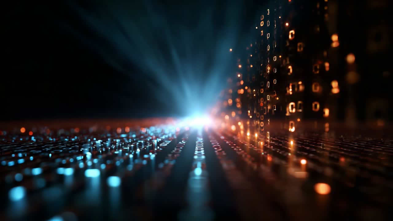 A mesmerizing journey through a digital landscape, showcasing the vibrant interplay of light and data as binary codes cascade through a futuristic environment, illuminating the path of technology