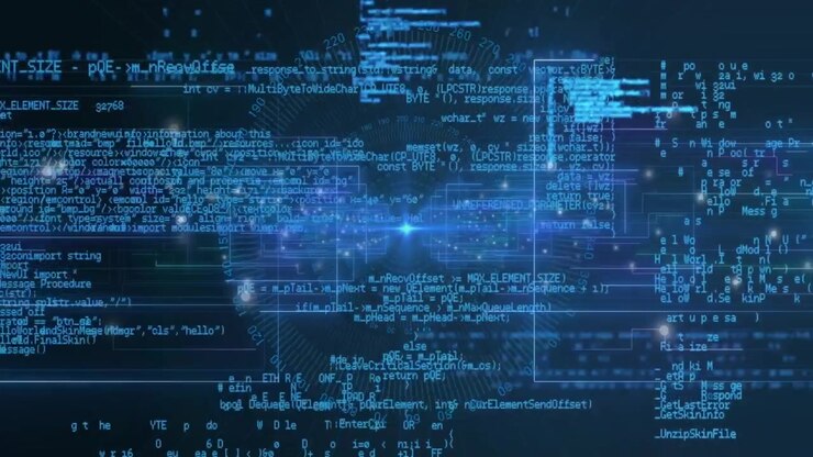 Glowing node materializing, emitting trails, starting code clusters scrolling into 3D data tunnel