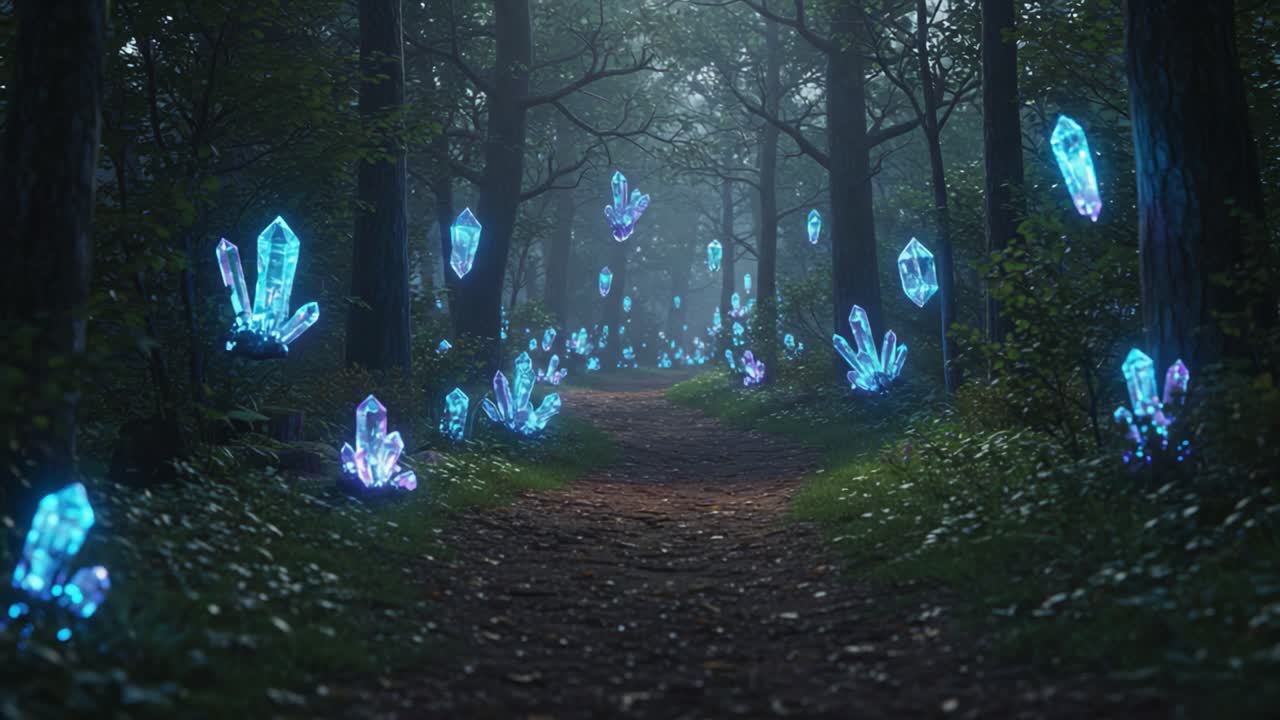 Enchanting Crystal Forest Pathway: An Ethereal Journey Through a Magical Woodland Filled with Luminous Blue Crystals Illuminating the Way Forward