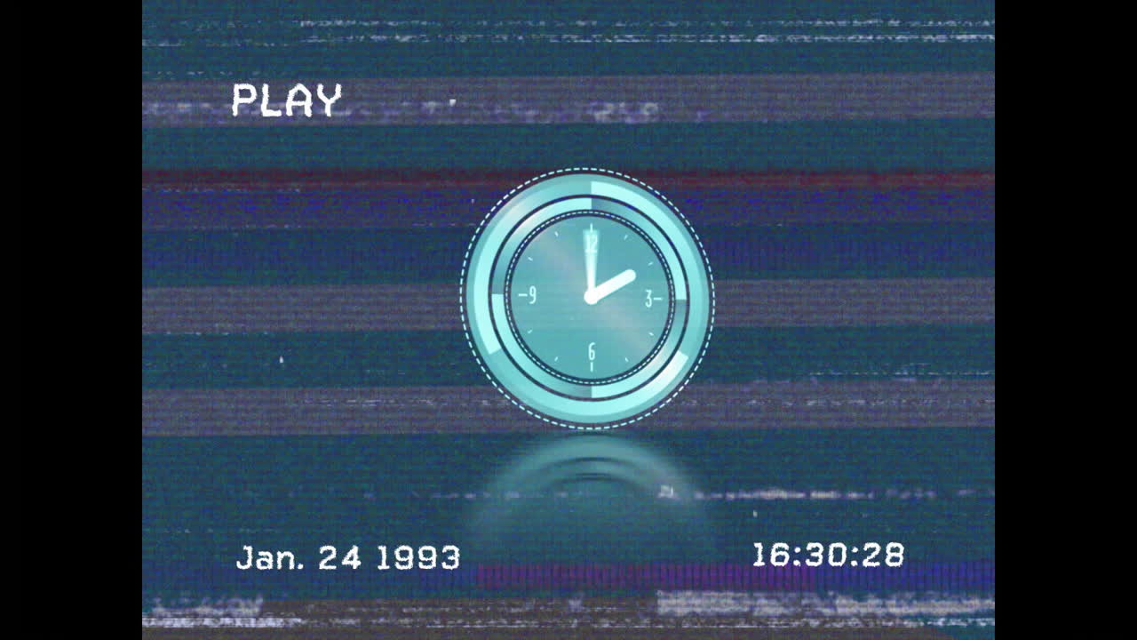 Retro clock animation over vintage VHS tape interface with date and time