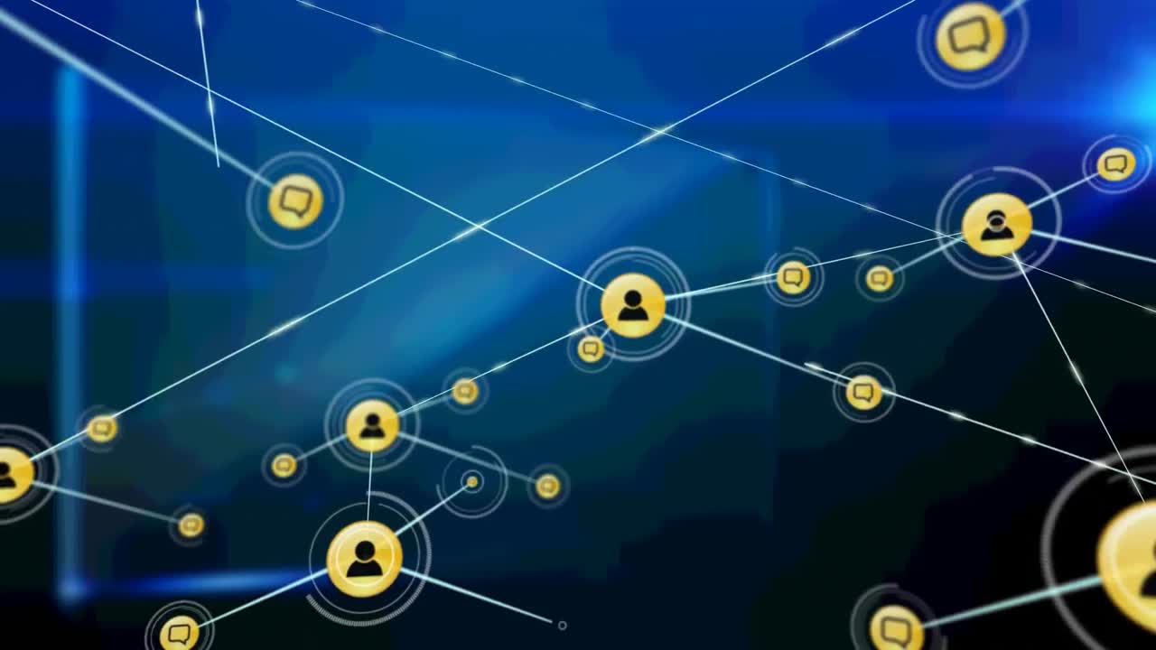 Animazione di reti di connessioni con icone su forme blu su sfondo nero