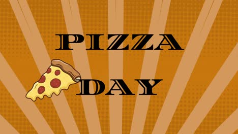Animation-of-pizza-day-text-and-pizza-icons-over-over-stripes-on-orange-background