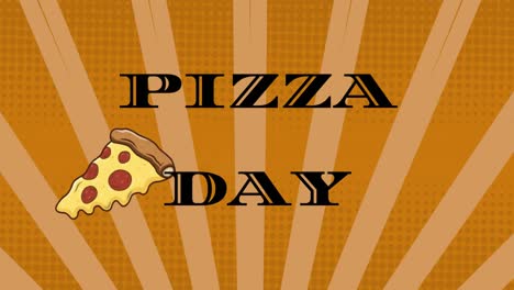 animación del texto del día de la pizza y los iconos de la pizza sobre rayas en fondo naranja