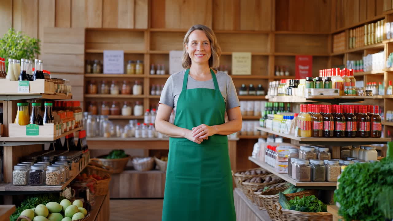 Donna sorridente con grembiule verde in un negozio di alimentari biologici