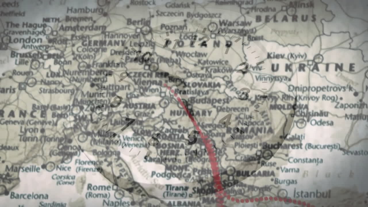 Red line tracing route over map of Europe, travel animation