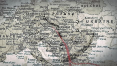 red line tracing route over map of europe, travel animation