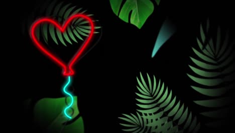 Animation-of-neon-heart-balloon-and-tropical-leaves-on-black-background