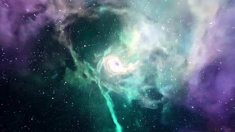 nebula clouds of gas and dust are forming a stunning spiral galaxy in vibrant colors of green and purple against the night sky